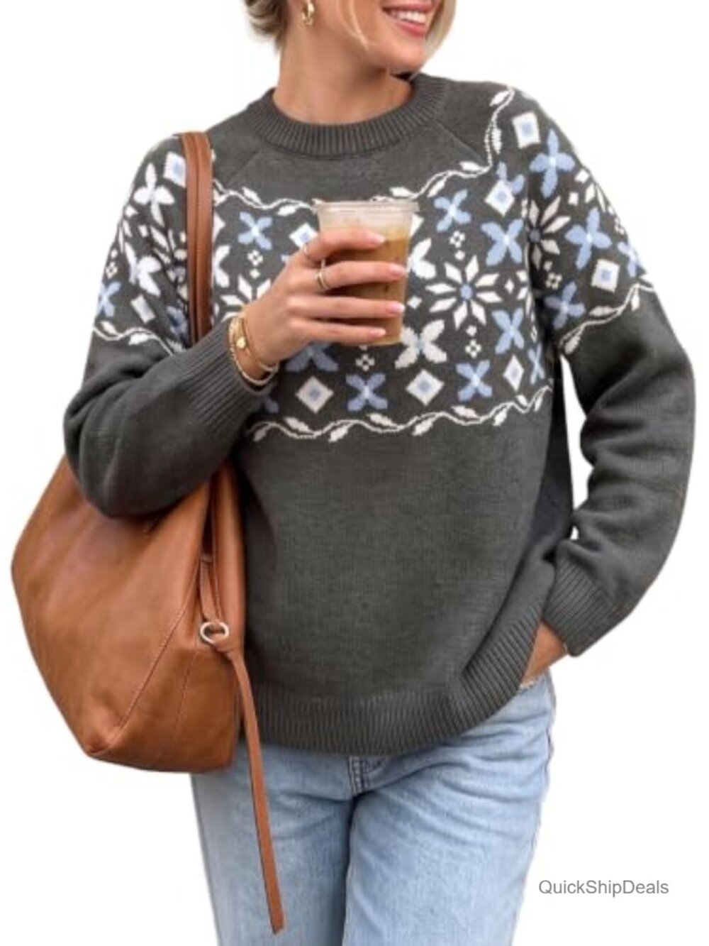 Women's Fair Isle Crew Neck Pullover Sweater Loose Fit Long Sleeve Knit Top